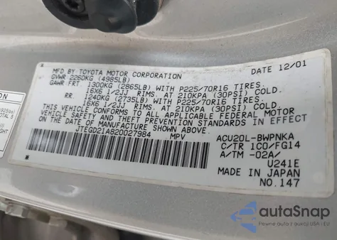 2002 Toyota Highlander z USA, uszkodzony, nr VIN JTEGD21A820027984